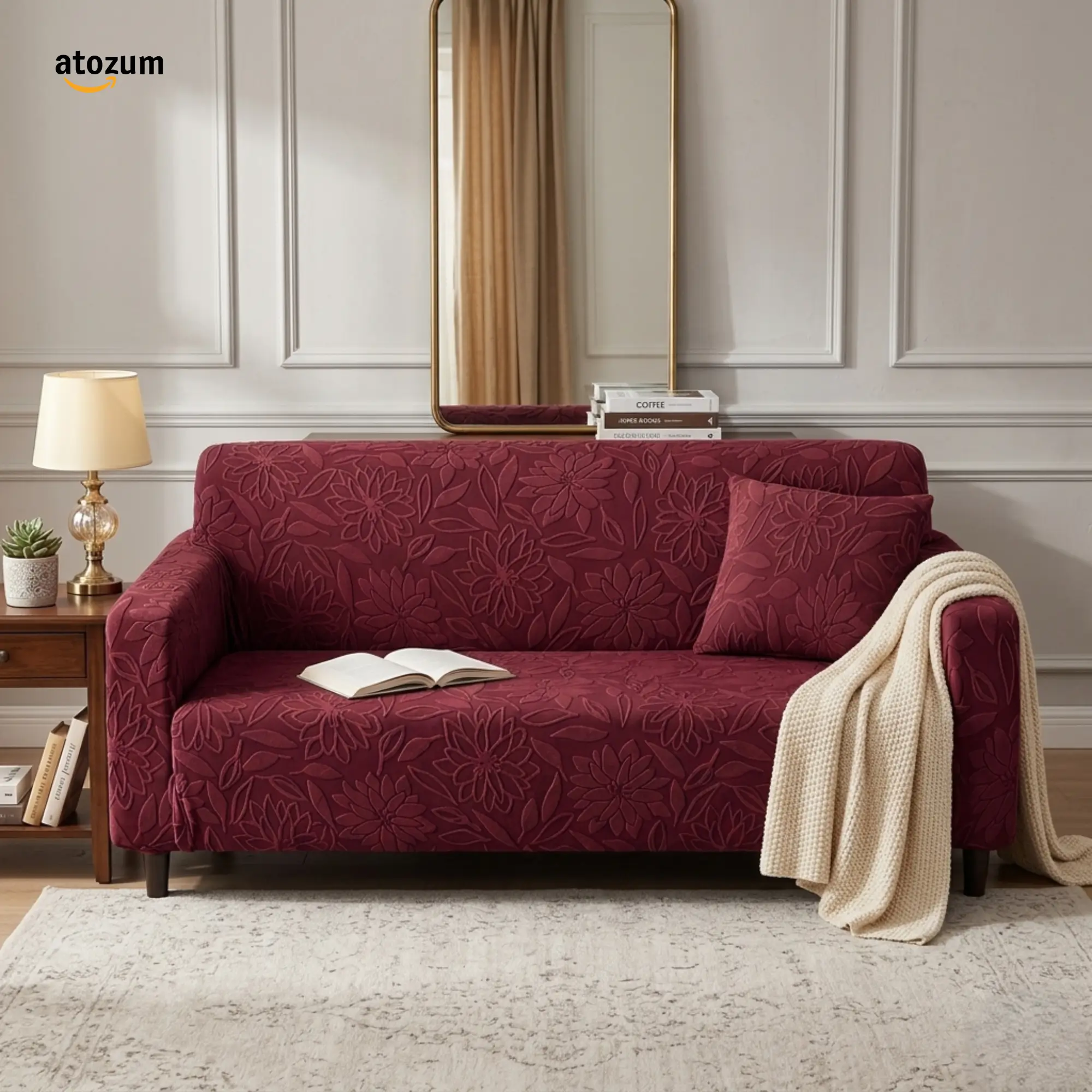 Fujian Jacquard Flower Maroon Sofa Cover