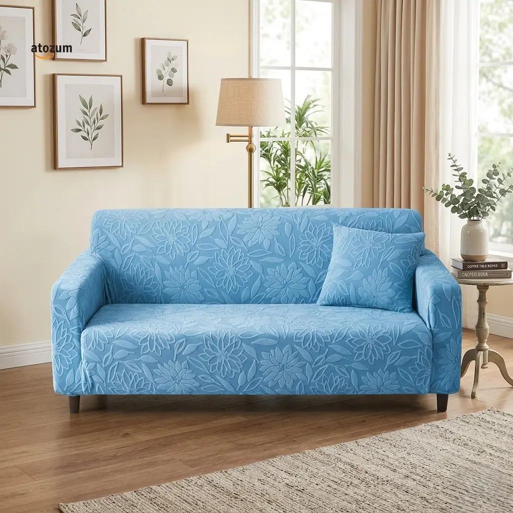 Fujian Jacquard Flower Sky Blue Sofa Cover