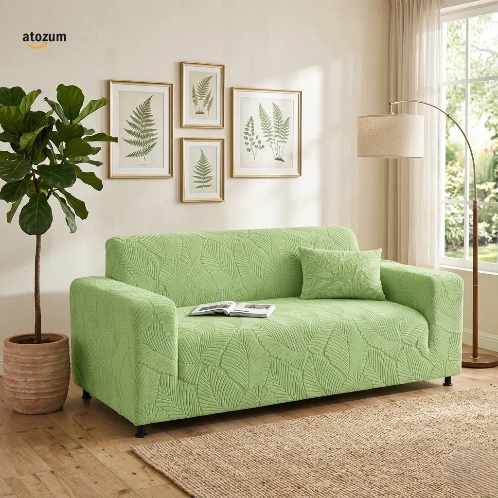 Fujian Jacquard Leaf Light Green Sofa Cover