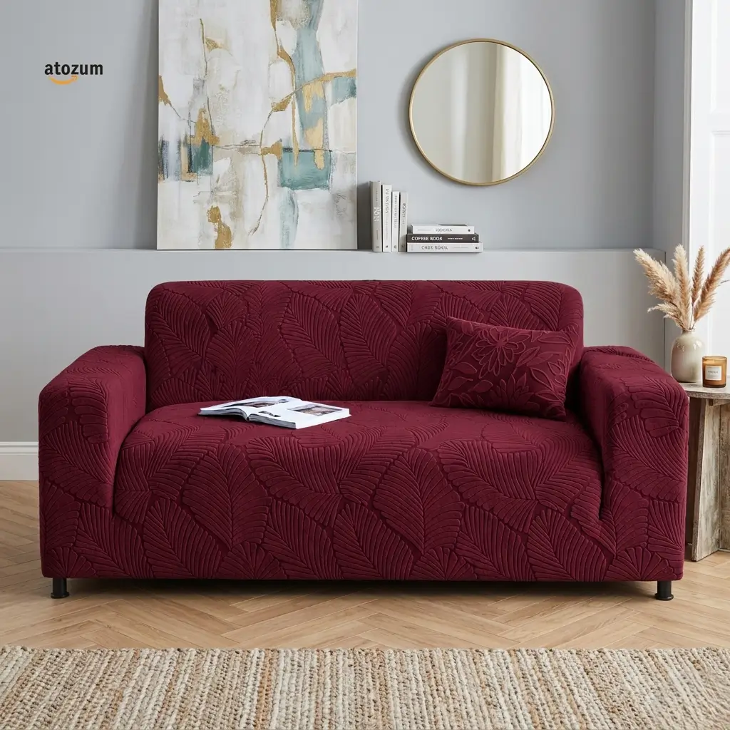 Fujian Jacquard Leaf Maroon Sofa Cover
