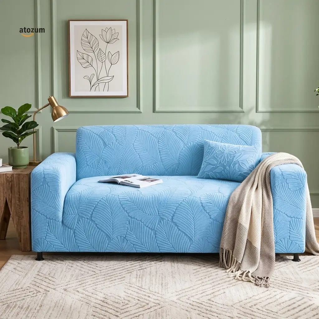 Fujian Jacquard Leaf Sky Blue Sofa Cover1