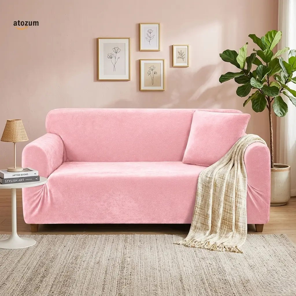 Velvet Baby Pink Sofa Cover