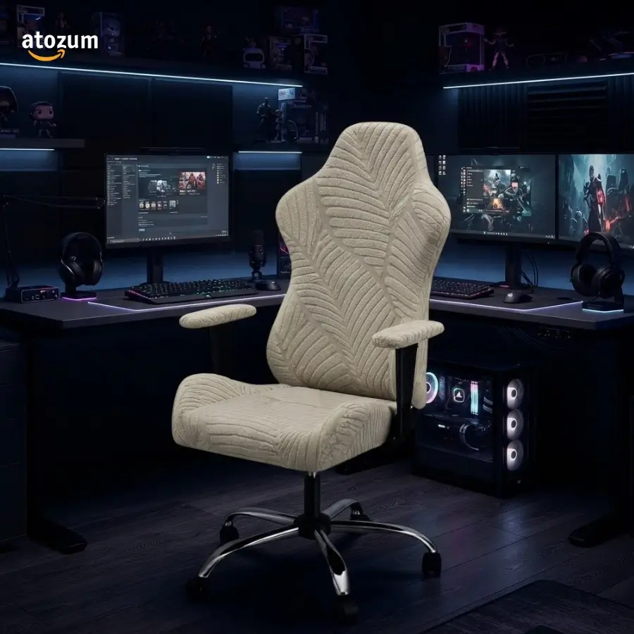 Premium Fujian Jacquard Gaming Chair Cover | Cream Leaf | Custom Fit Gaming Chair Cover Bangladesh - Image 2