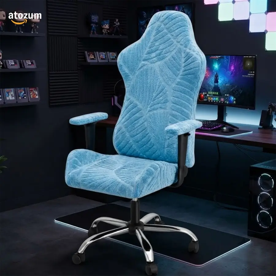 Premium Fujian Jacquard Gaming Chair Cover | Sky Blue Leaf | Custom Fit Gaming Chair Cover Bangladesh - Image 2
