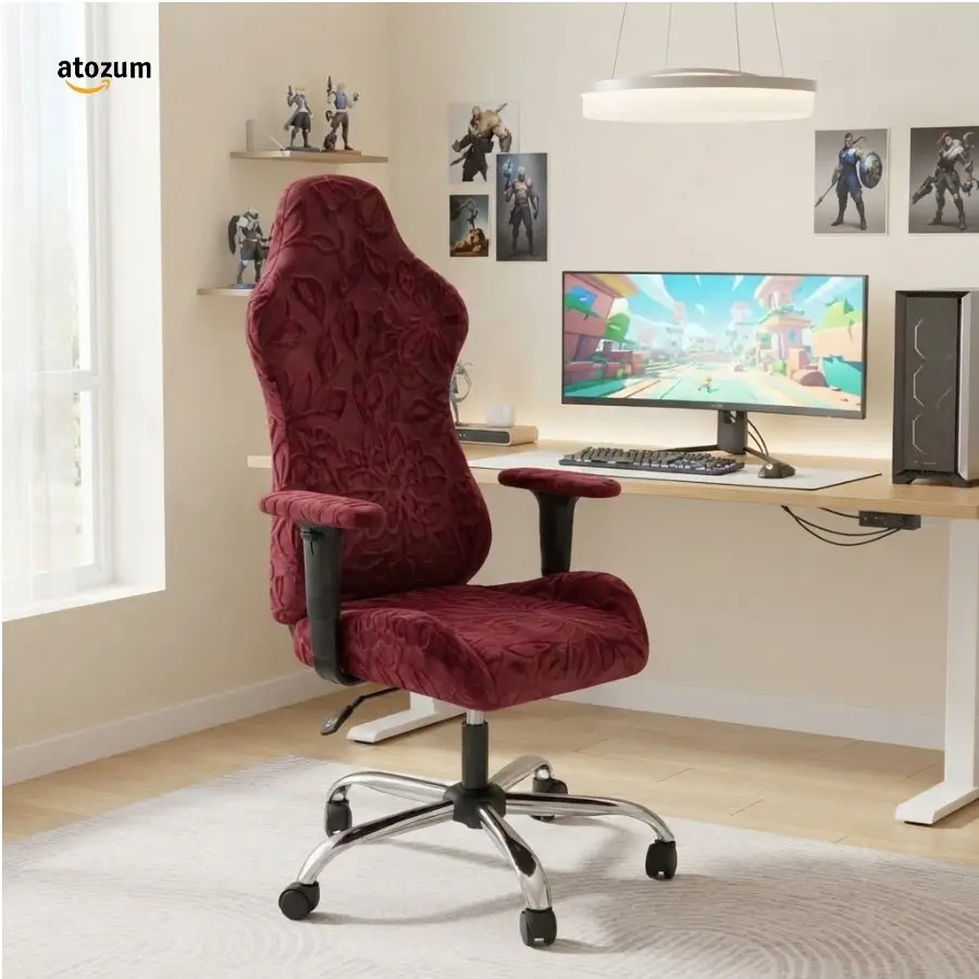 Premium Fujian Jacquard Gaming Chair Cover | Maroon Flower | Custom Fit Gaming Chair Cover Bangladesh - Image 2