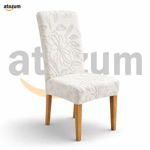 Premium Fujian Jacquard Dining Chair Cover - Off Whight Flower | 250 GSM Ultra Soft Stretch Fabric | Atozum