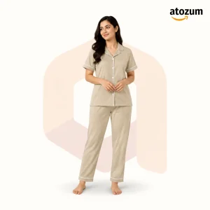 Women's Solid Colour Biscos Cotton Pajama Set | Light Beige