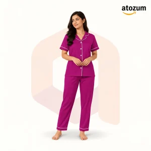 Women's Solid Colour Biscos Cotton Pajama Set | Magenta