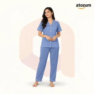 Women's Solid Colour Biscos Cotton Pajama Set | Periwinkle Blue