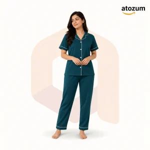 Women's Solid Colour Biscos Cotton Pajama Set | Sea Green