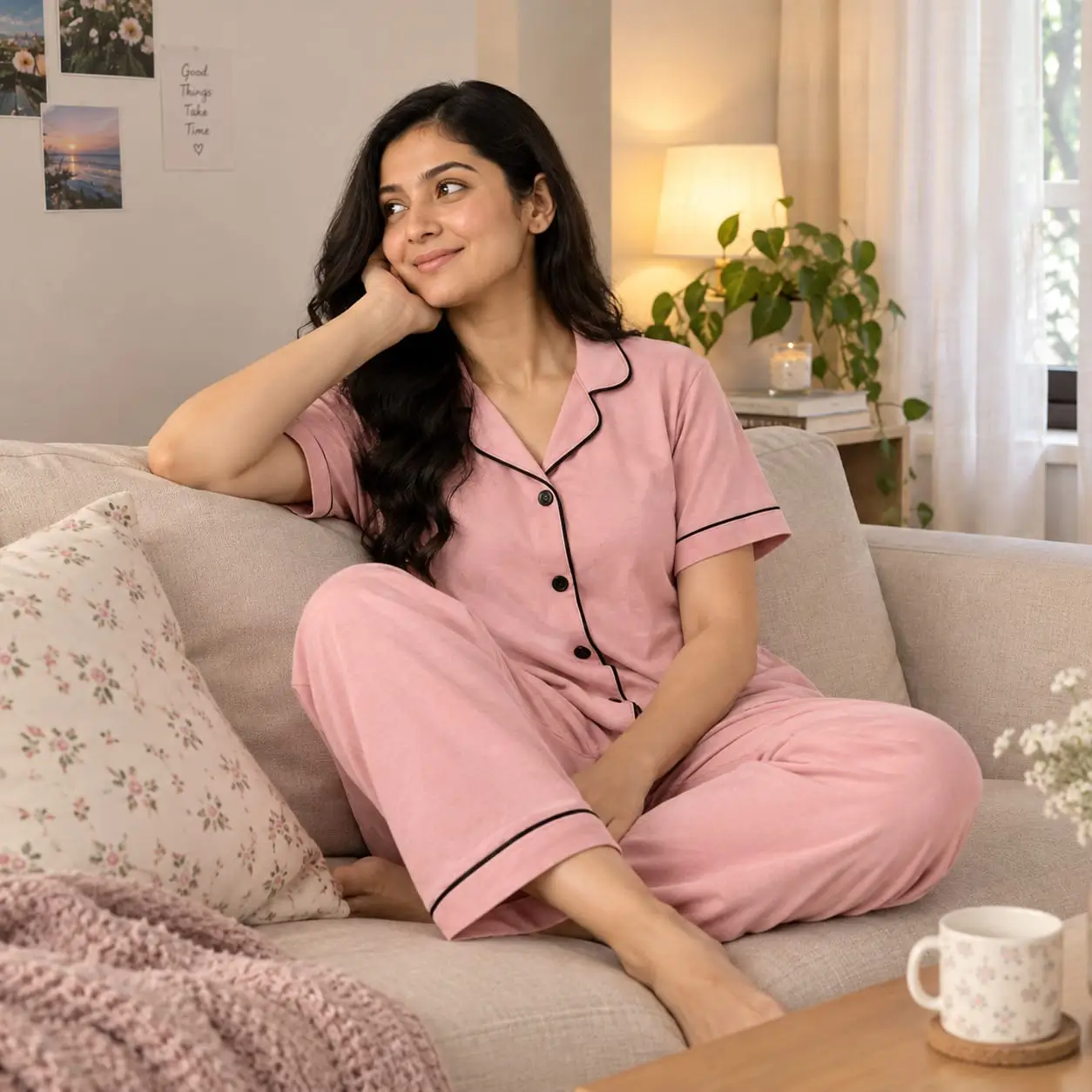 Women's Solid Colour Biscos Cotton Pajama Set | Doll Pink - Image 5