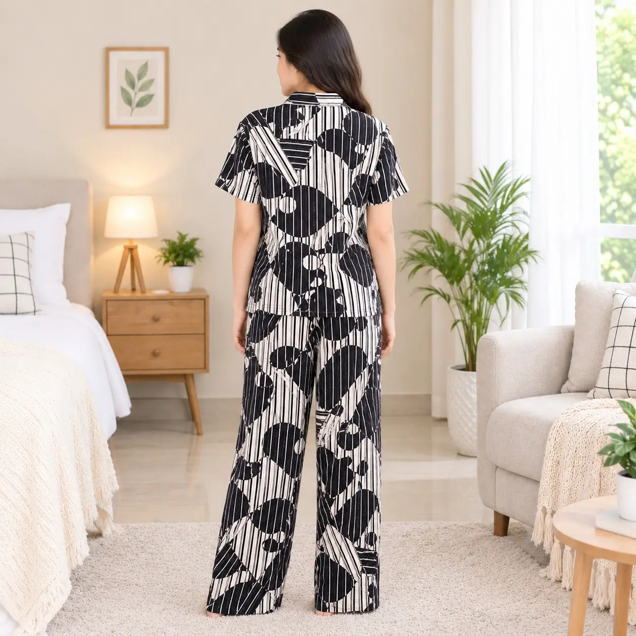 Premium Women's Pajama Set – Cotton Jacquard Self Embroidery Design | Menthe - Image 3