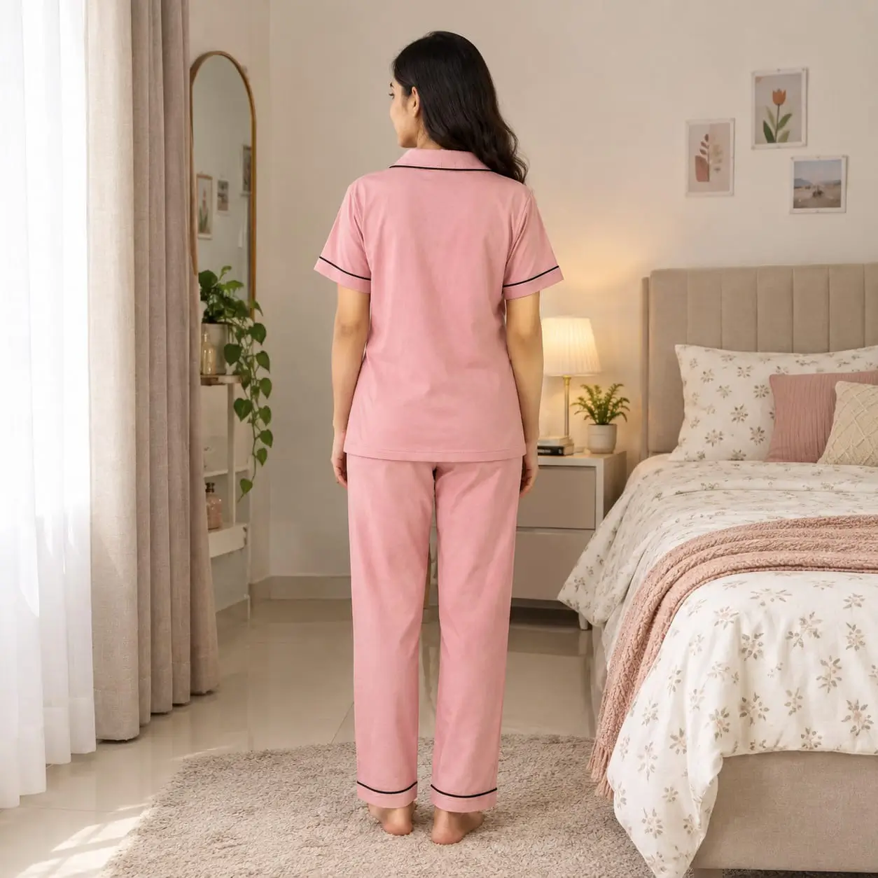 Women's Solid Colour Biscos Cotton Pajama Set | Doll Pink - Image 3