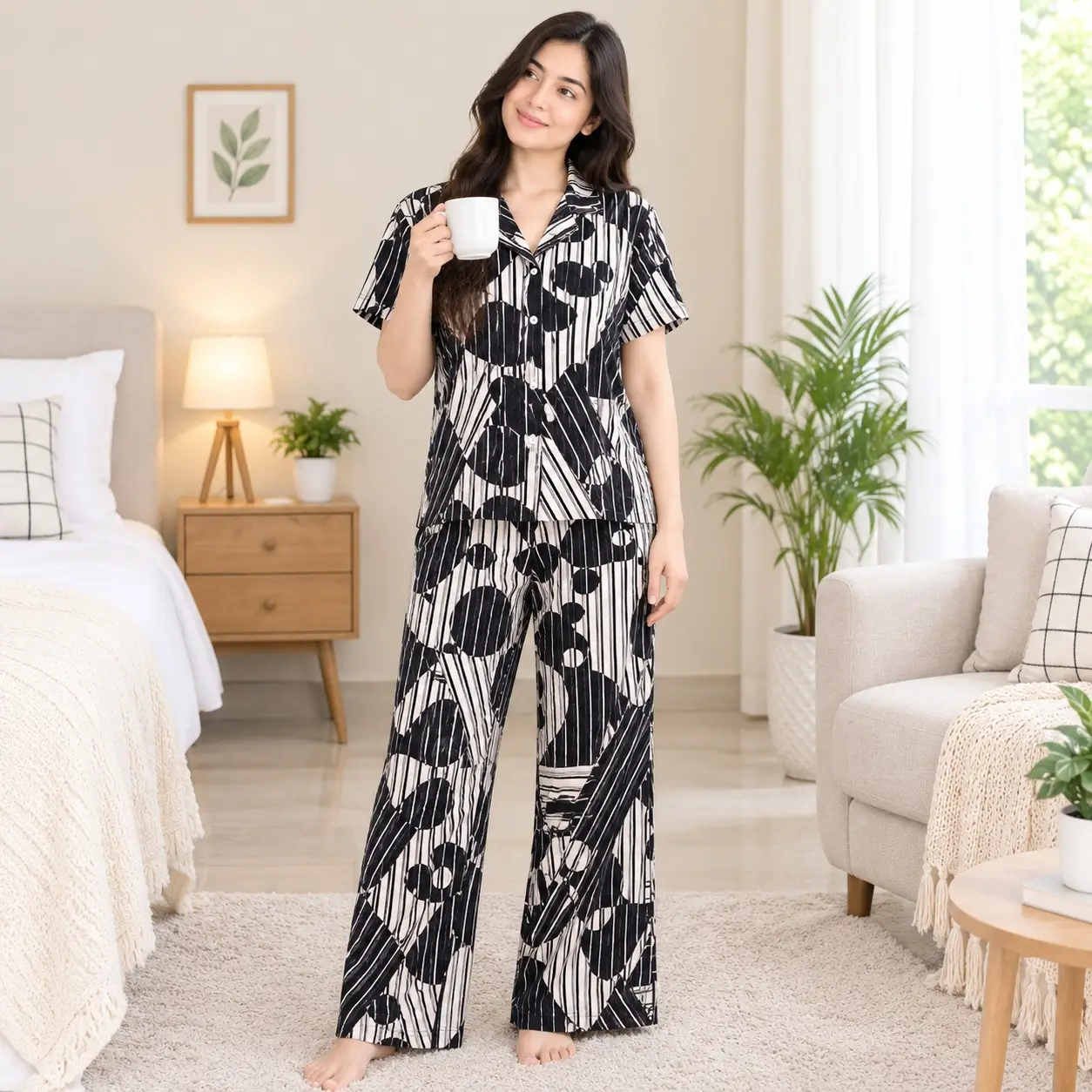 Premium Women's Pajama Set – Cotton Jacquard Self Embroidery Design | Menthe - Image 2