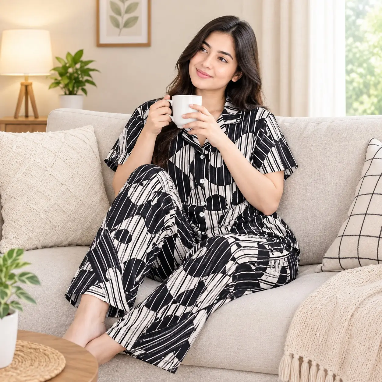 Premium Women's Pajama Set – Cotton Jacquard Self Embroidery Design | Menthe - Image 5