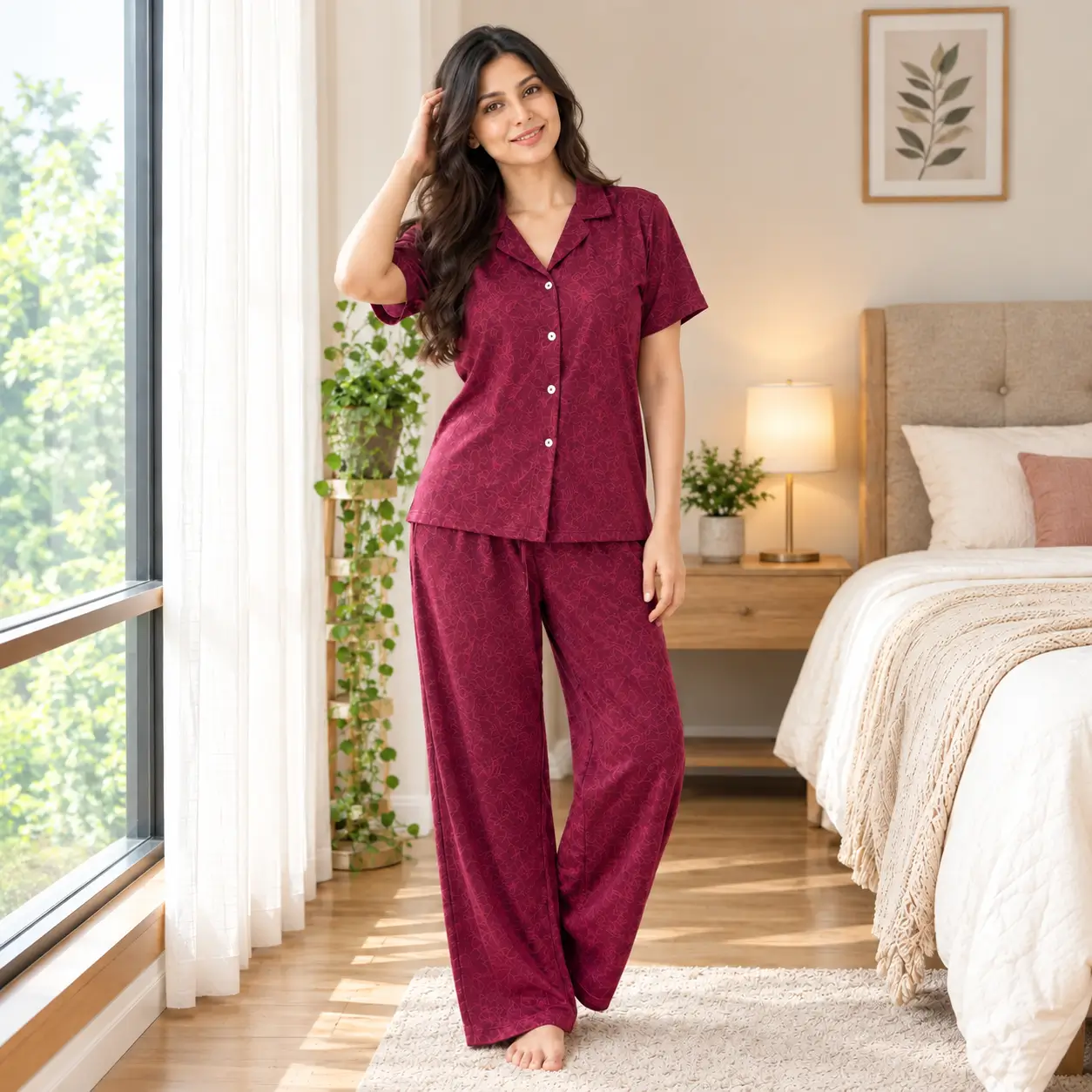 Premium Women's Pajama Set – Cotton Jacquard Self Embroidery Design | Muse - Image 5