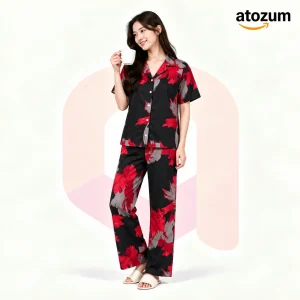 Women's Printed Viscose Cotton Pajama Set | Merlot