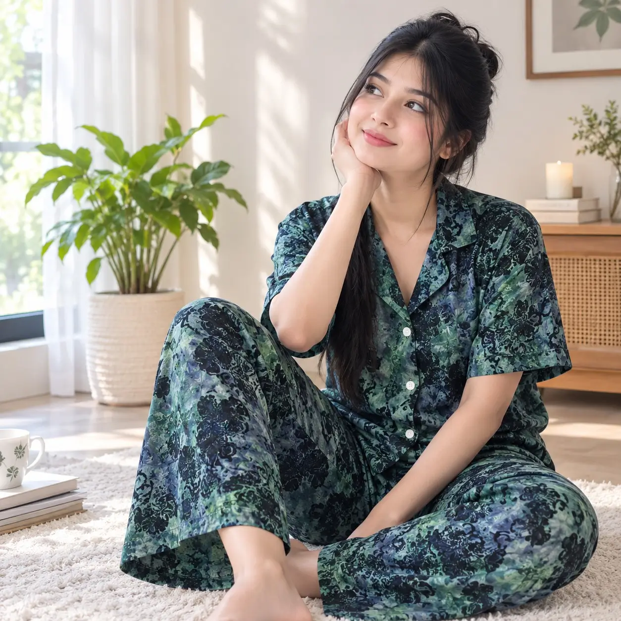 Premium Women's Pajama Set – Cotton Jacquard Self Embroidery Design | Plush