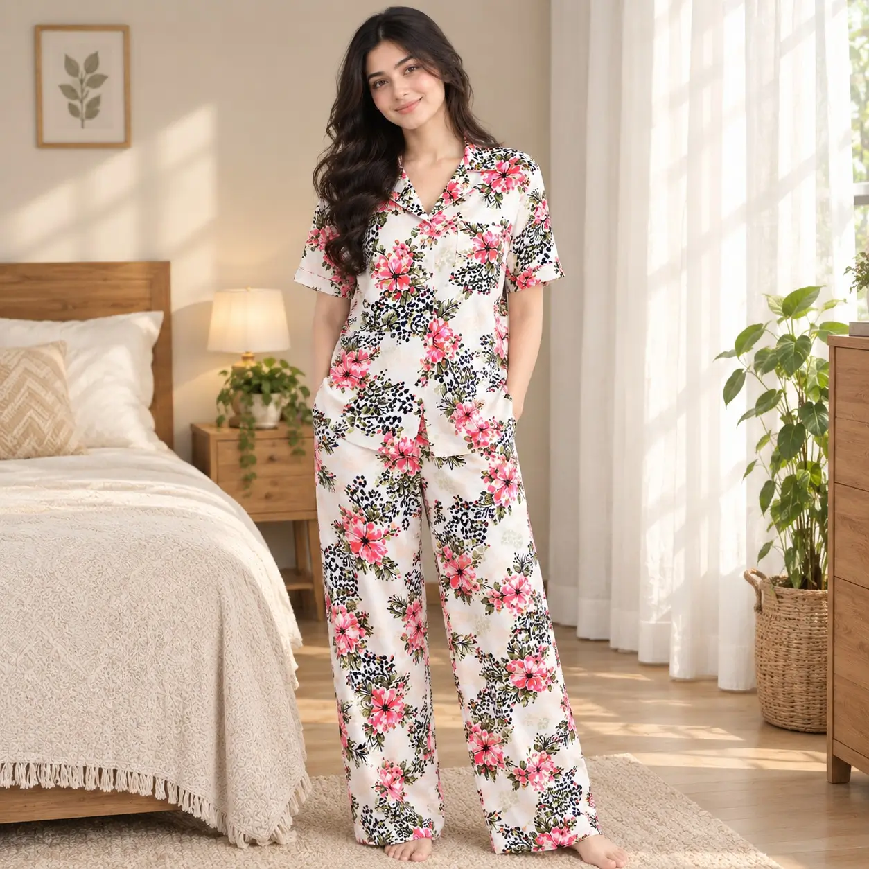 Women's Printed Viscose Cotton Pajama Set | Celeste
