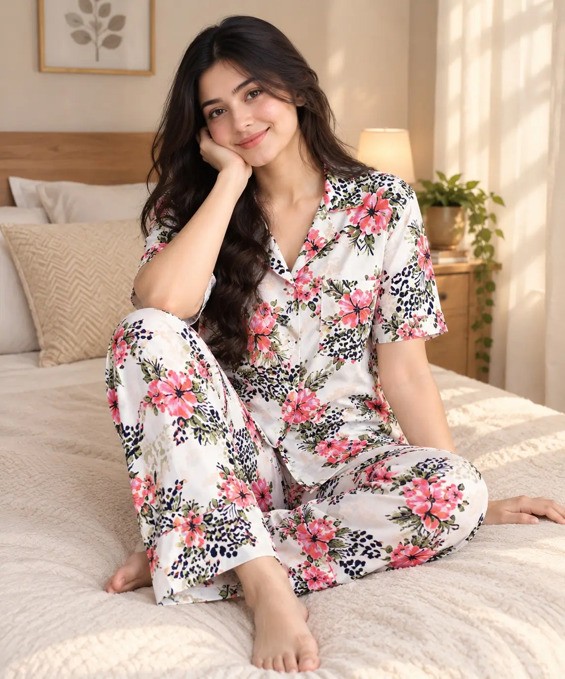 Women's Printed Viscose Cotton Pajama Set | Celeste