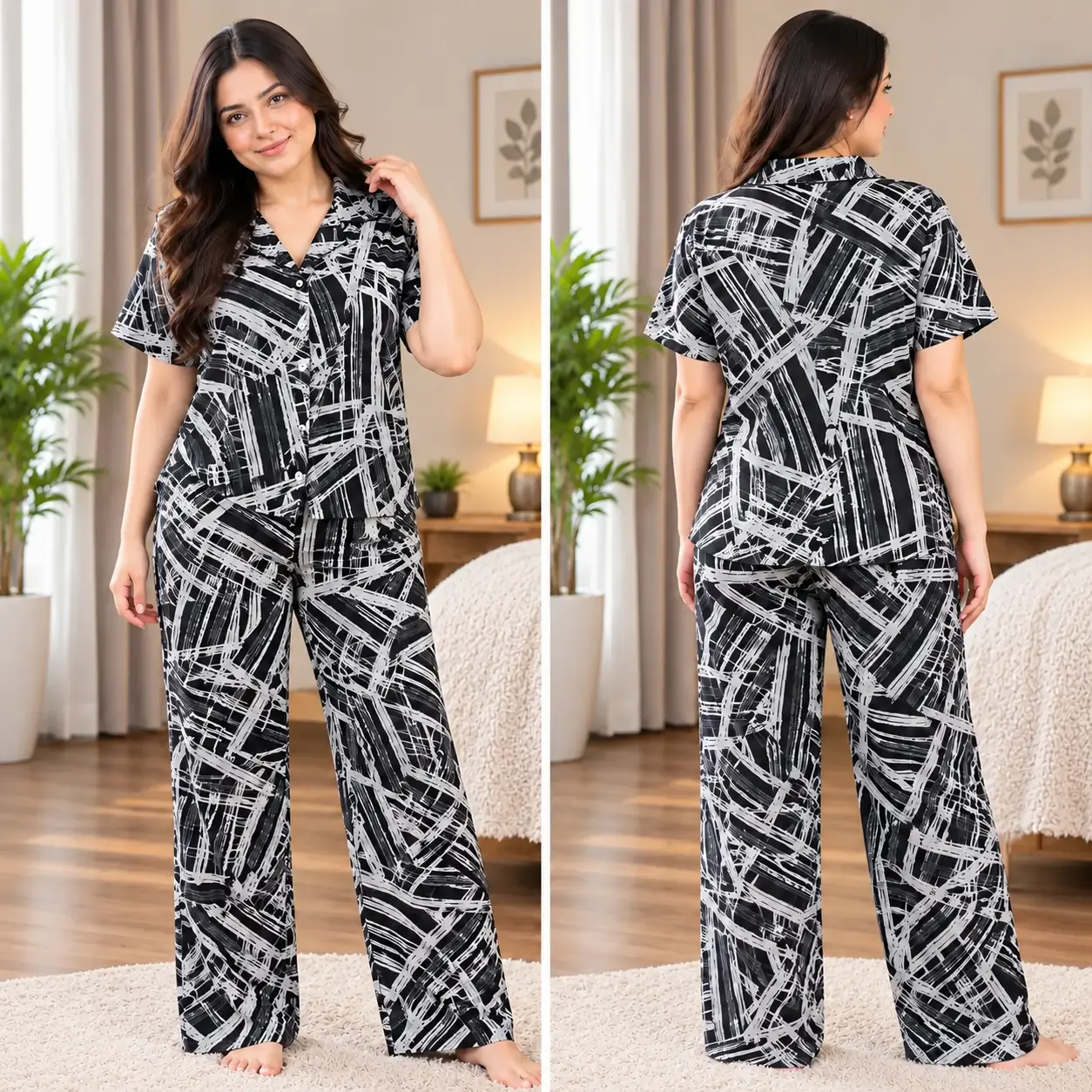 Women's Printed Viscose Cotton Pajama Set | Silken - Image 4